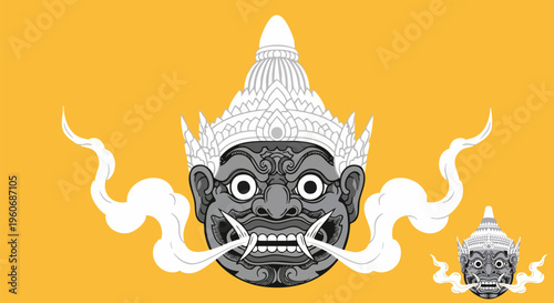 Thai giant demon mask vector illustration, traditional Yaksha guardian head with ornate crown, mystical mythological character on yellow background