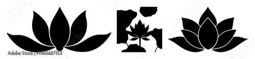 Lotus flower zen silhouette set with tranquil simple black and white line illustration featuring lotus, yoga, meditation with tranquility and mindfulness