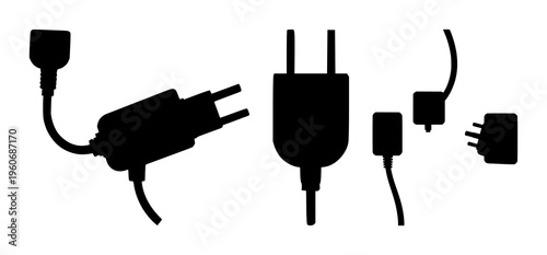 Wall plug set with single line art silhouette featuring electrical outlet, plug, power socket with wall and household home