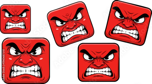 Angry red face emoji set, furious square monster character icons, aggressive cartoon expression stickers with clenched teeth and mean eyes