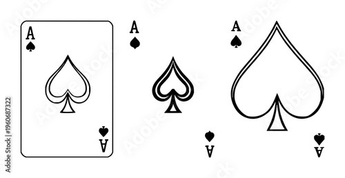 Playing card set with striking Ace of Spades design featuring ornate motifs, black and white line art, vintage iconography with spade symbol and royal chip