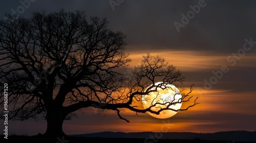 Silhouetted Bare Tree Branches Against a Large Full Moon and Dramatic Sunset Sky