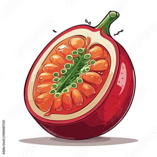 Detailed passion fruit slice showing pulp for exotic juice bar and healthy smoothie branding - Vector Illustration