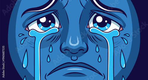 Sad blue face crying tears, emotional character expression in comic book style, depressed person weeping with blue skin, sorrowful face vector illustration