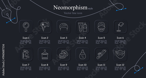 Barbershop grooming set icon. Hand mirror reflection, hair dryer styling tool, hairstyle head, cosmetic cream bottle, bearded man portrait, desk lamp salon, soap dispenser wash, hanger clothing rack