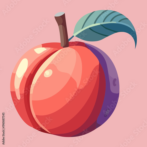 Peach with leaf for summer fruit picking and healthy organic snack garden farm visuals - Vector Illustration