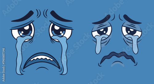 Sad crying face emoji vector, blue emotional character expressions with tears, depressed and unhappy cartoon faces for mental health awareness