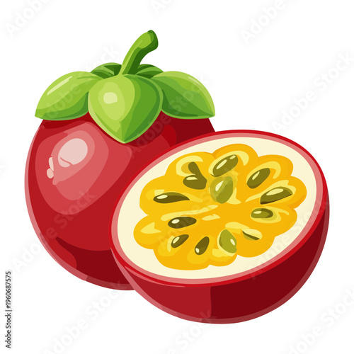 Sliced passion fruit showing yellow pulp and black seeds for exotic juice drink designs - Vector Illustration
