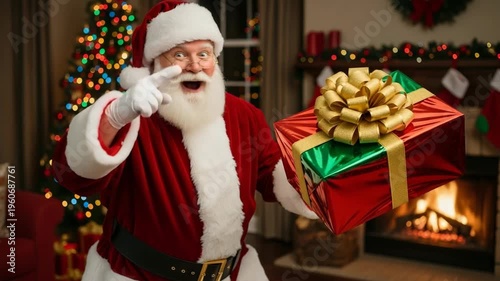 Joyful Santa Claus holding a festive gift box with a golden bow in a cozy room