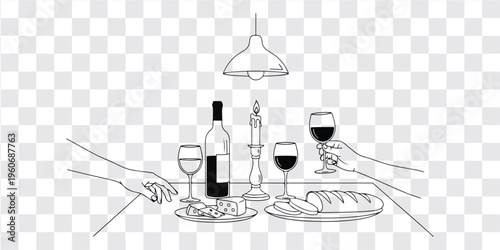 Wine Cheese Dinner Table Setting Illustration Vector Line Art Food Pairing