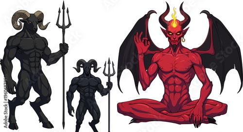 Demonic creature character set, red winged devil sitting in meditation, black horned baphomet monsters with tridents, fantasy underworld vector illustration