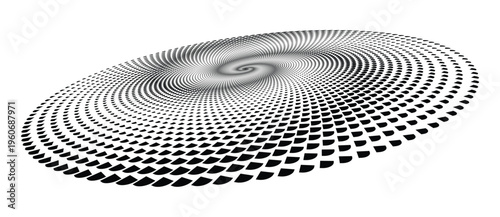 Abstract spiral galaxy logo icon in 3D perspective. Vector black and white circular vortex with repetitive scale shapes isolated on white.