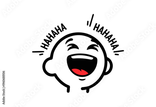 Minimalist line art illustration depicting a cheerful head erupting into hearty laughter with 'HAHAHA' sound effects, symbolizing joy, fun, and comedic relief for various designs