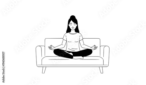Mental wellness meditation woman lotus pose couch vector illustration