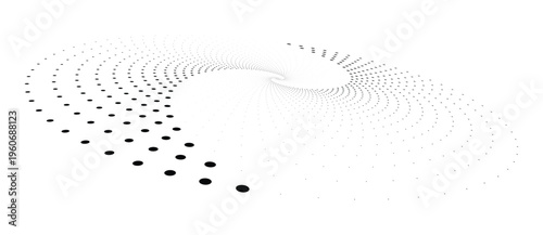 Abstract monochrome spiral vortex made of dots in perspective. Vector halftone geometric background with minimal circular motion and logo icon elements.