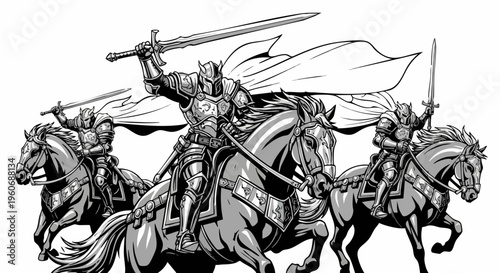 Medieval knight cavalry charging on horseback, heroic armored warriors with swords and capes, black and white fantasy battle vector illustration