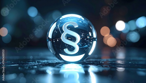 Crystal clear glass sphere with glowing legal symbol reflecting futuristic technology and law