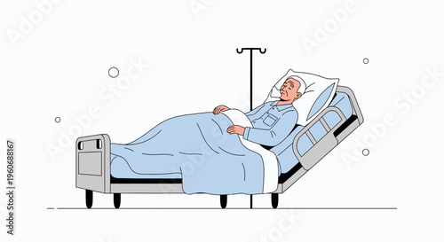 Elderly Man Lying in Hospital Bed with IV Drip, Medical Care Concept