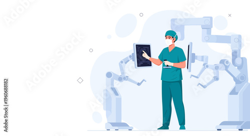 Surgeon using robotic arms and advanced technology in modern operating room