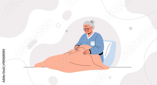 Elderly woman in bed, feeling unwell, receiving care and comfort