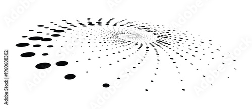 Abstract monochrome spiral vortex of halftone dots in wide perspective. Vector geometric background with circular motion for logo and icon design.