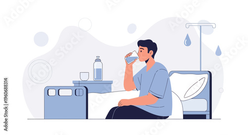 Sick man drinking water in hospital bed, medical care and recovery concept