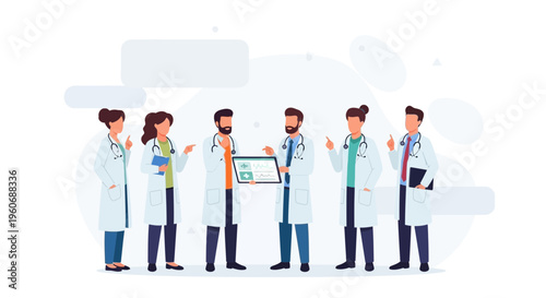 Diverse doctors team discussing medical case on tablet, modern healthcare concept