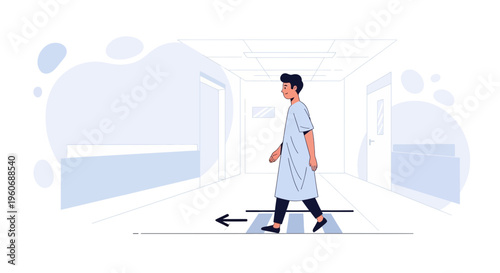 Young man in hospital gown walking down corridor with arrow indicating movement
