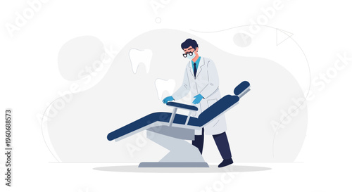 Dentist in uniform preparing dental chair for patient, teeth icons in background