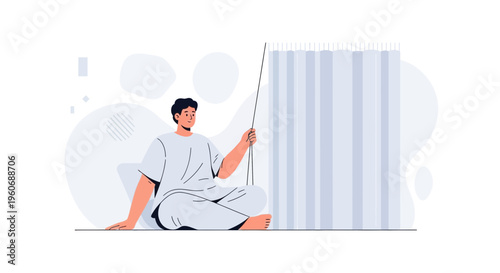 Man in hospital gown sitting on floor, pulling curtain cord, minimalist illustration