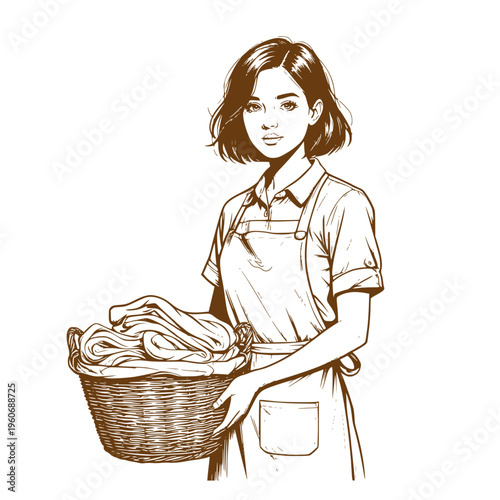 A housewife holds a basket of laundry. Vector illustration. Concept of cleanliness and household chores. A girl holds a basket of laundry, isolated on a white background.