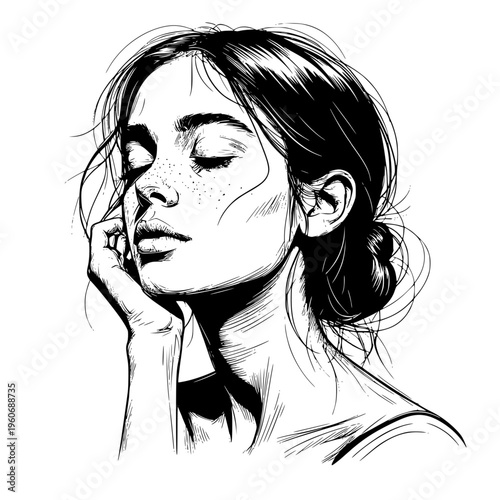 A thoughtful woman's face, long hair pulled back into a bun. Vector illustration. The girl's face is isolated on a white background. Concept for care, mental health, and fatigue from problems.