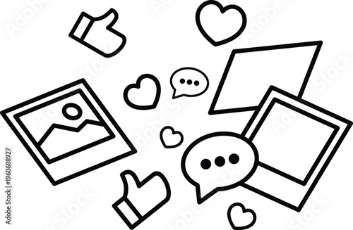 Social media and reaction icon set with emojis,likes,hearts and symbols collection with communication camera and global network elements Perfect for digital marketing, communication.