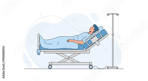 Patient Lying in Hospital Bed with IV Drip - Medical Care Illustration