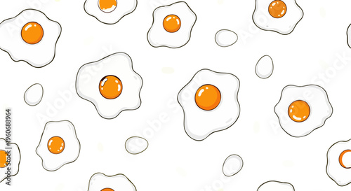 Minimalist fried egg seamless pattern, cartoon breakfast food vector background, hand drawn sunny side up eggs on white backdrop