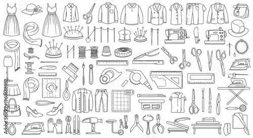 Apparel and Sewing Tools Vector Icon Set – Clothing Accessories Tailor Equipment Outline Collection