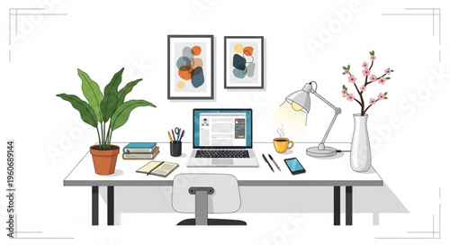 Cozy Home Office Setup with Laptop and Decorative Elements.