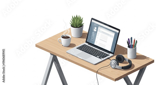 Workstation Setup with Laptop, Headphones, Plant, and Coffee Cup on Wooden Desk.