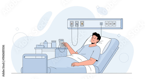 Patient in Hospital Bed Using Remote Control, Medical Equipment and Supplies