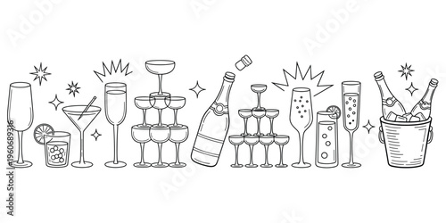 Champagne Tower and Celebration Drinks Line Art Collection Black and White Keywords: champagne, glasses, bottle, bucket, ice