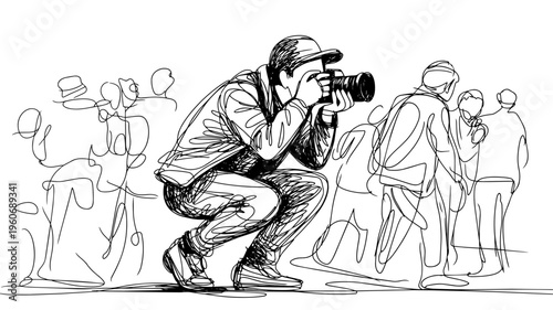 Photographer taking pictures crouching camera action line illustration