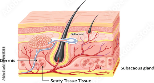 Human Skin Anatomy Cross Section Diagram Showing Epidermis, Dermis, Hair Follicle, Sebaceous Gland, Blood Vessels and Subcutaneous Tissue Medical Illustration