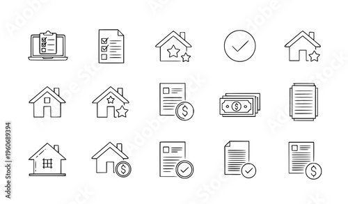 Real estate mortgage approval icon set property rating checklist fintech banking vector collection isolated on white
