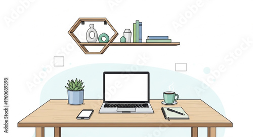 Illustration of a modern workspace with laptop, phone, and coffee.