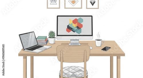 Modern workspace setup with laptop, monitor, and stylish decor.