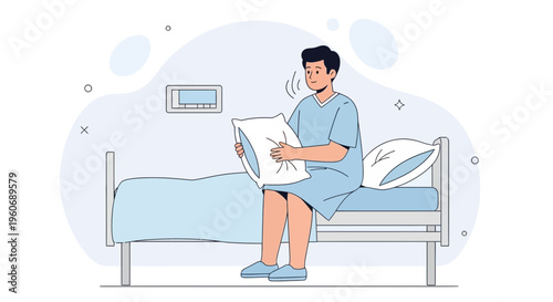 Patient sitting on hospital bed holding pillow, feeling unwell