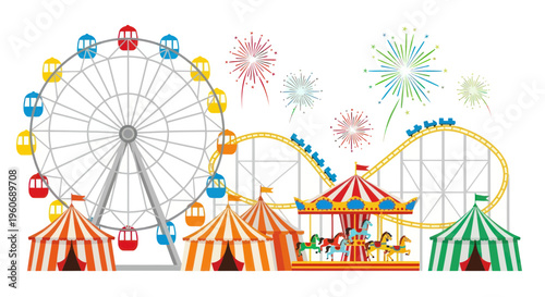 Colorful Amusement Park Scene with Ferris Wheel, Roller Coaster, Carousel, and Fireworks