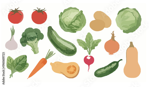 Watercolor fresh vegetable set with tomato cabbage carrot and broccoli botanical illustration