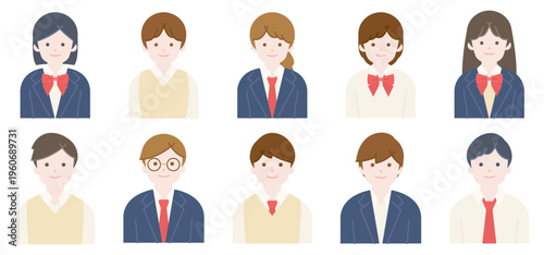 高校生・中学生の人物／男女笑顔の制服別の正面上半身セット
