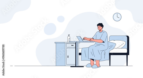 Patient working on laptop in hospital bed, recovery and remote work concept